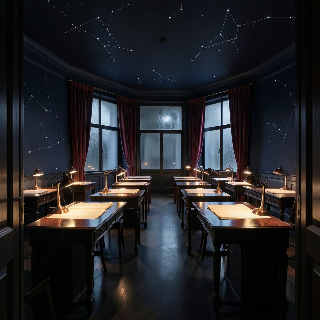 Velvet-toned chart classroom with lacquered tables and copper lamps in Tsim Sha Tsui