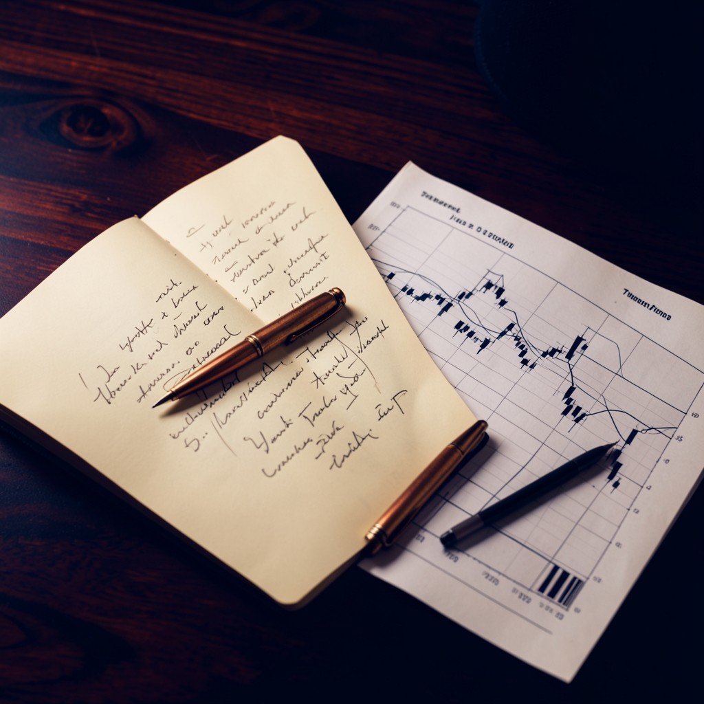 Handwritten gap taxonomy notes beside a candlestick chart on dark wood