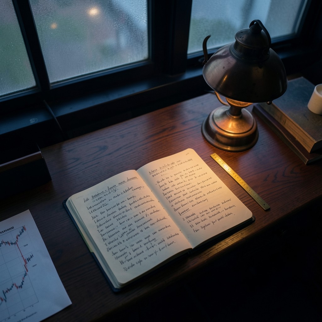 Premarket checklist notebook open beside a brass ruler and printed overnight chart