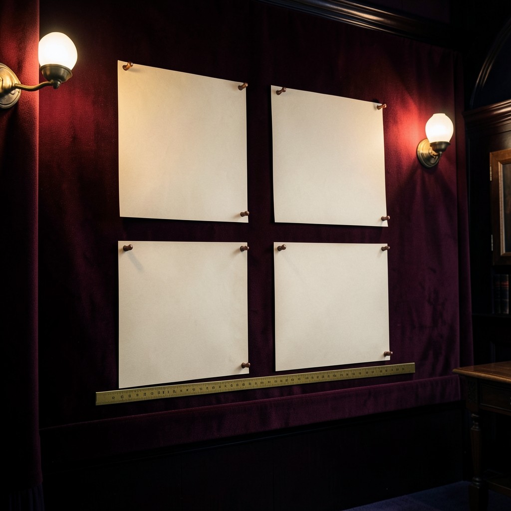 Curriculum wall with copper-pinned chart modules in a velvet observatory classroom