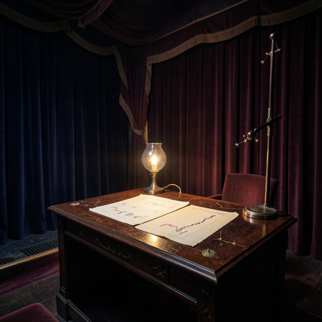 Dim velvet study room with printed equity charts and copper desk lamp before market open