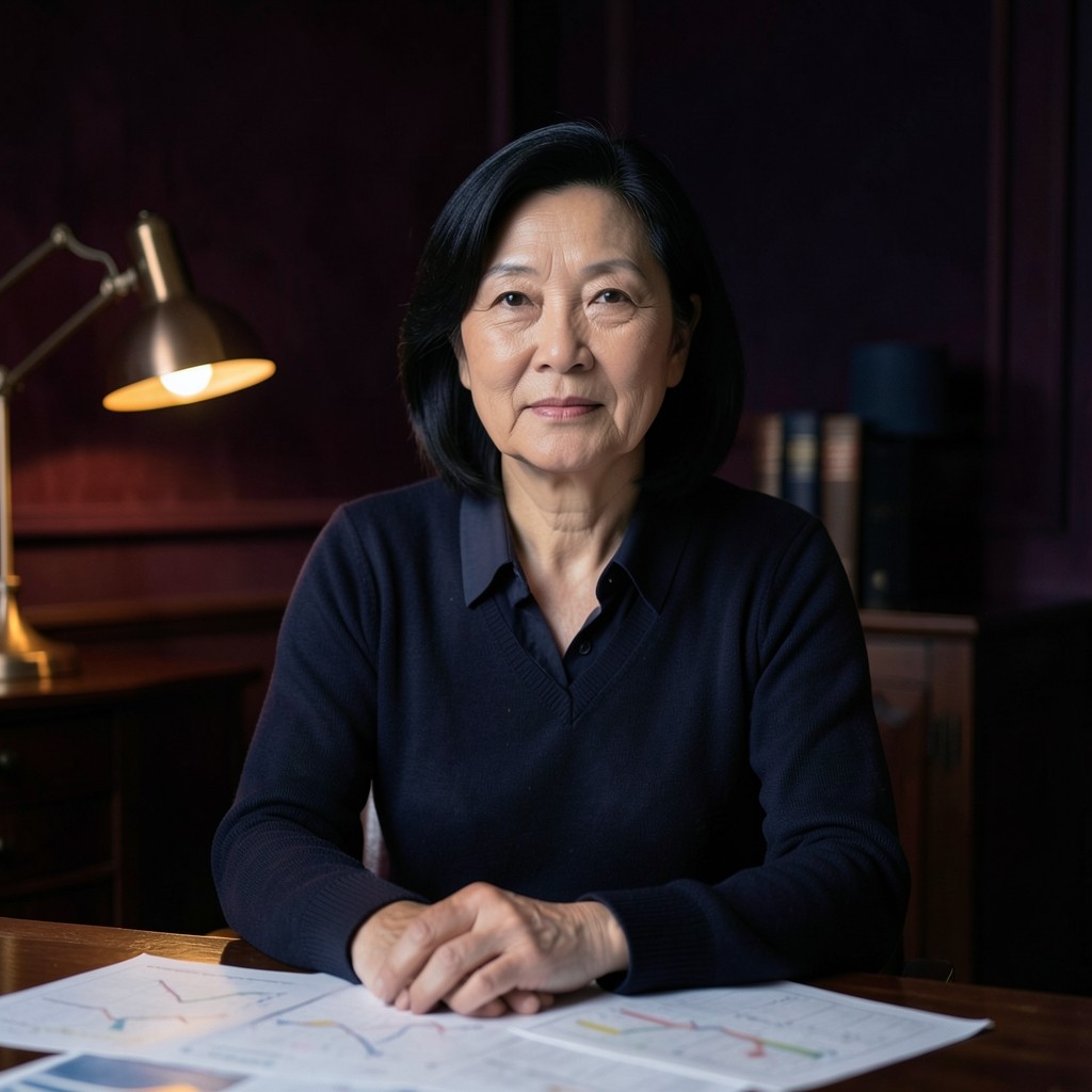 Portrait of instructor Mei Ling Chau in a velvet-toned study with chart pages nearby
