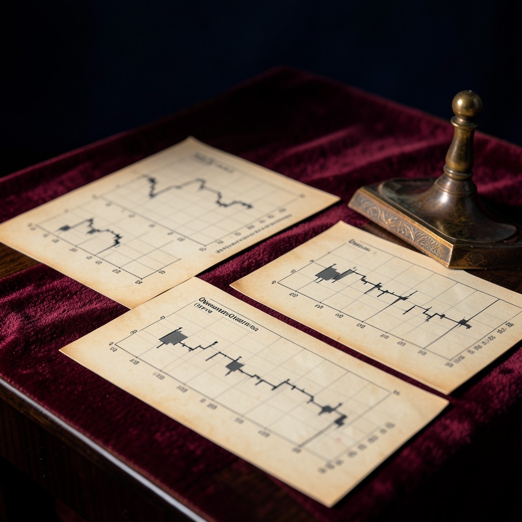 Close study of candlestick charts showing overnight price gaps on a lacquered wood table