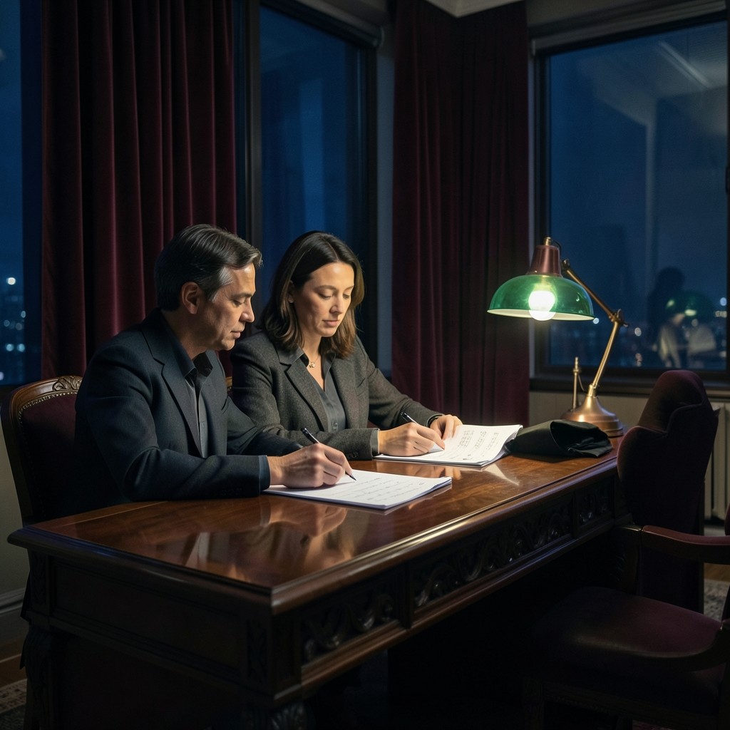 Two people reviewing hand-marked price charts beside a brass desk lamp