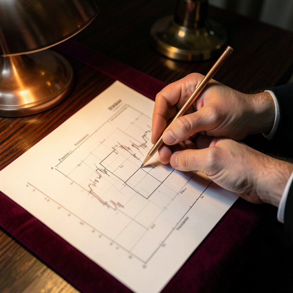 Instructor marking an opening-range box on a printed equity chart under warm copper desk light