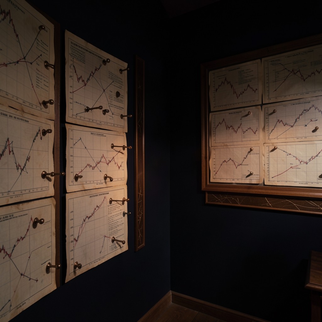 Wall of printed market charts with copper pins marking opening ranges in a dim study room